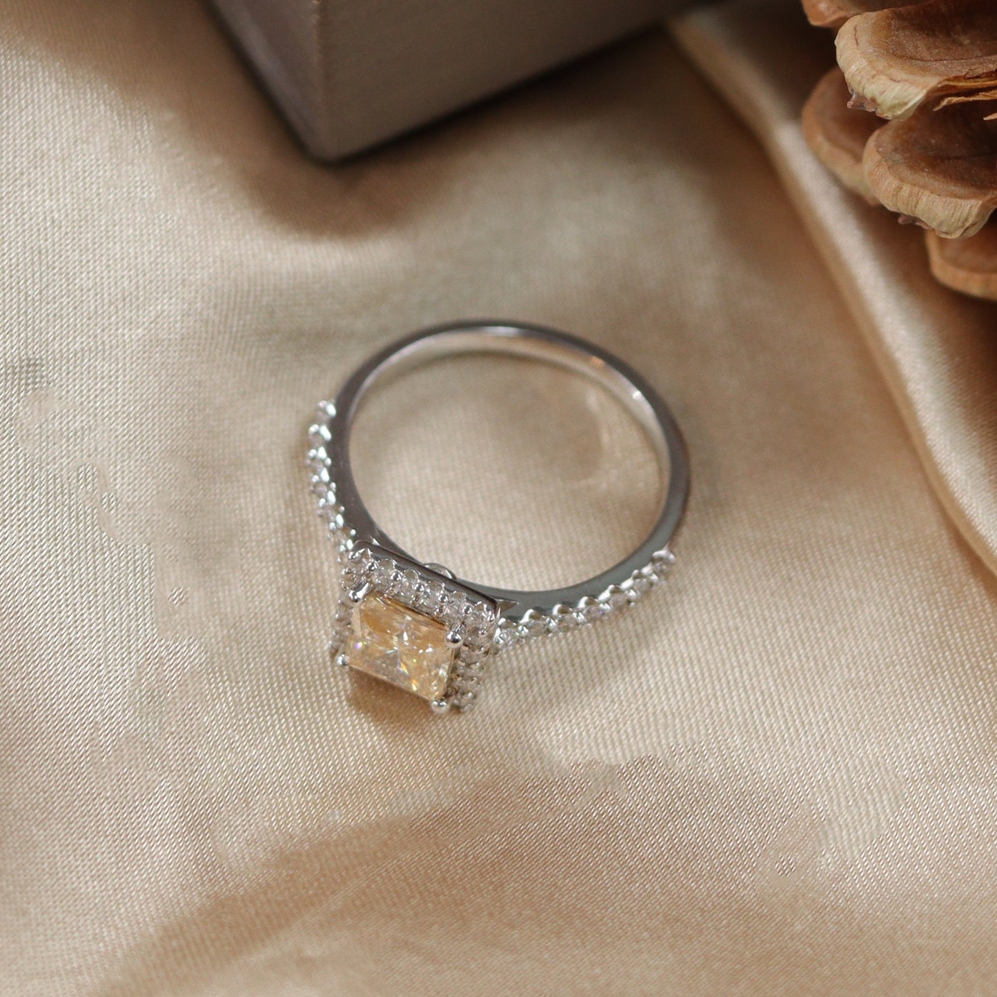 1 Carat Gorgeous Microset Square Moissan Diamond Ring White Champagne Colour