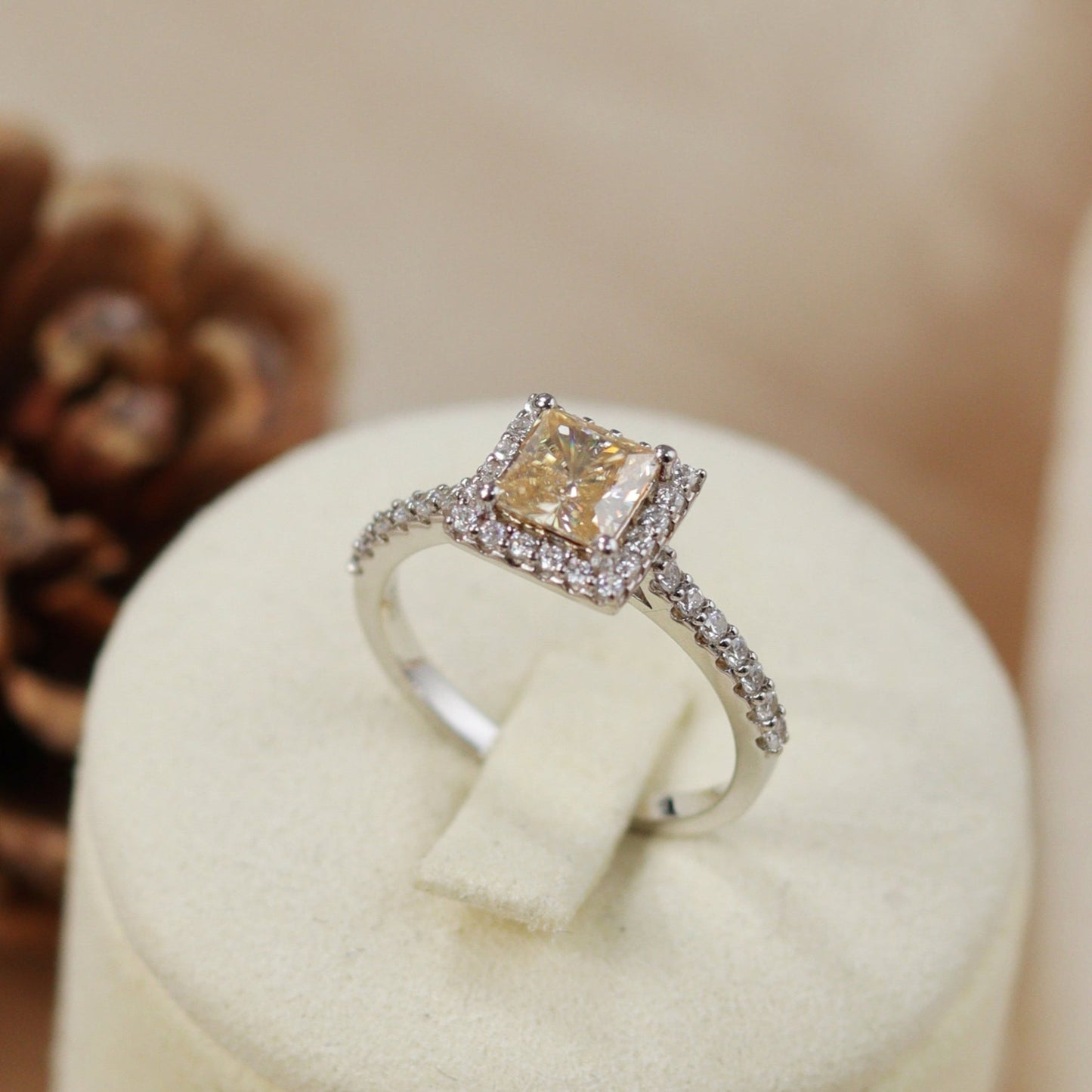 1 Carat Gorgeous Microset Square Moissan Diamond Ring White Champagne Colour