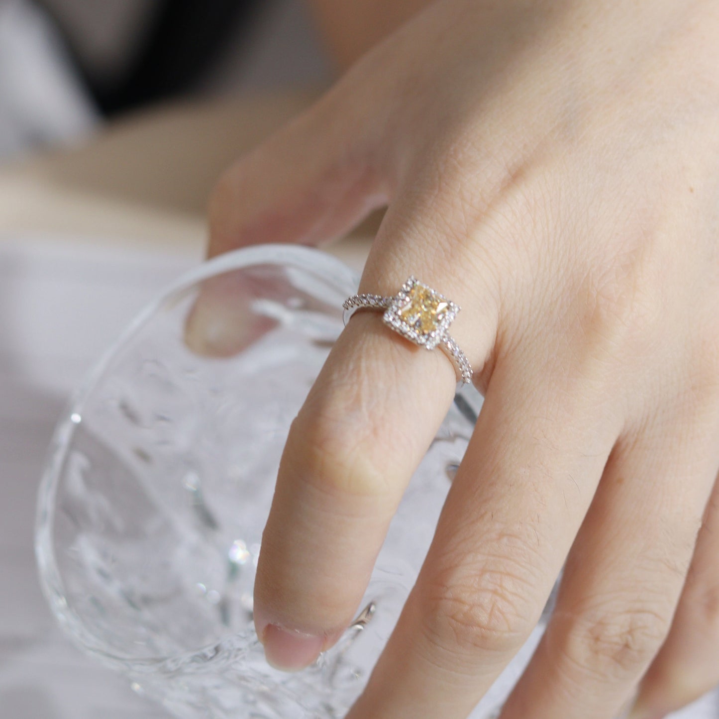 1 Carat Gorgeous Microset Square Moissan Diamond Ring White Champagne Colour