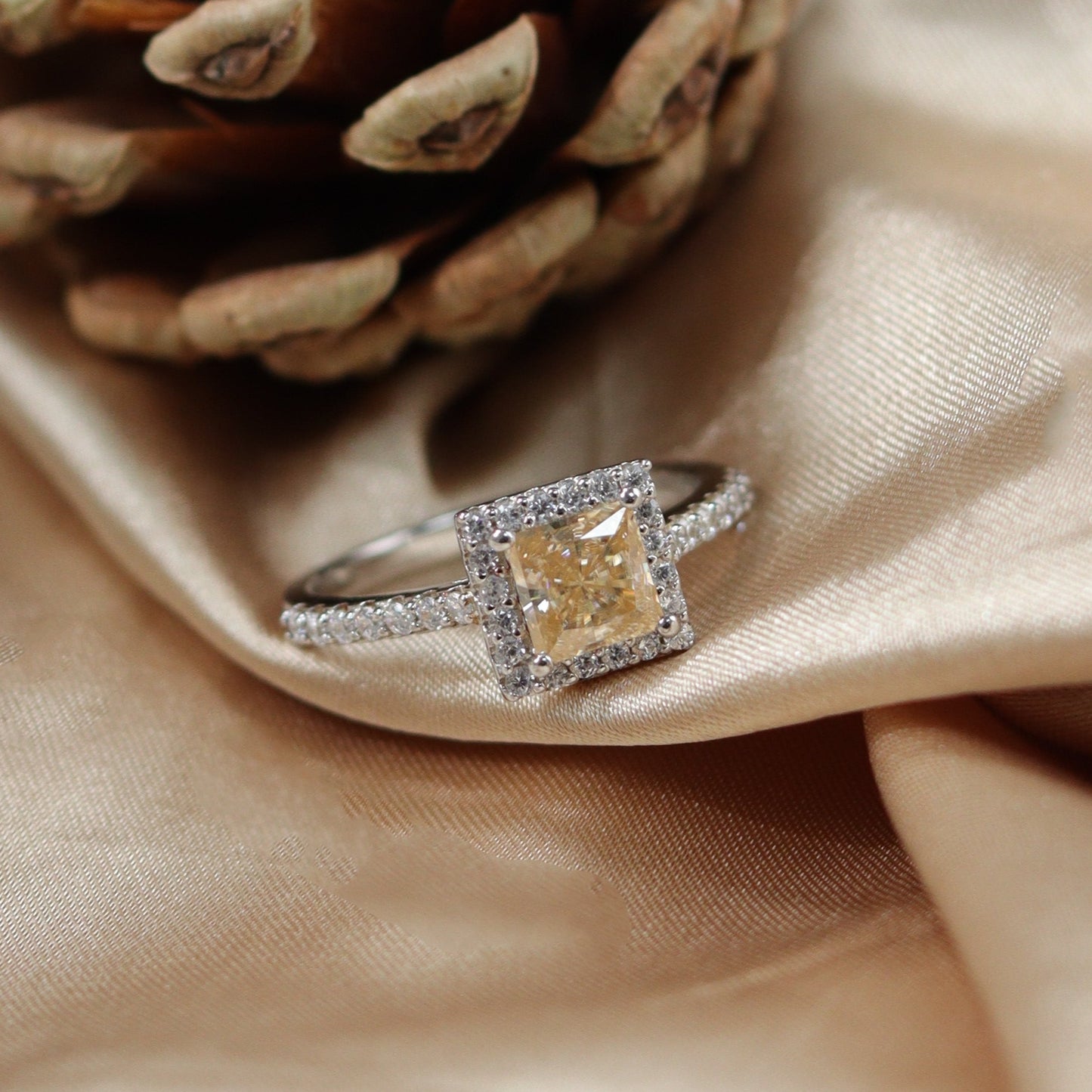 1 Carat Gorgeous Microset Square Moissan Diamond Ring White Champagne Colour