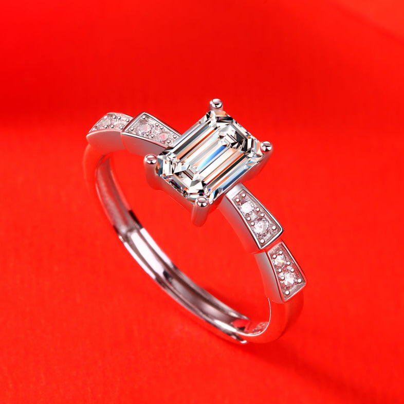 Emerald Cut Moissanite Adjustable Ladder Pavé Ring
