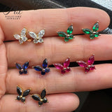 925 Sterling Silver / 10K / 14K / 18K Black-Plated Stud Earrings for Women - Butterfly Design with D-Color Moissanite Ruby Sapphire & Emerald