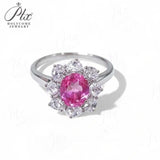 Flower Ring with 1.7-2.5CT Oval Lab Grown Ruby Sapphire Colombian Padparadscha 925 Silver Women Engagement Christmas Party Gift