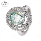 3CT Oval Shape Fancy Vivid Blue Moissanite  Double Halo Hollow Adjustable Ring