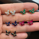 925 Sterling Silver / 10K / 14K / 18K Black-Plated Stud Earrings for Women - Butterfly Design with D-Color Moissanite Ruby Sapphire & Emerald