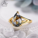 Engagement Ring Salt and Pepper Moissanite Diamond Pear Cut 925 Sterling Silver Plated with 18k Gold Wedding Jewelry Vintage