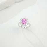 Flower Ring with 1.7-2.5CT Oval Lab Grown Ruby Sapphire Colombian Padparadscha 925 Silver Women Engagement Christmas Party Gift