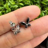 925 Sterling Silver / 10K / 14K / 18K Black-Plated Stud Earrings for Women - Butterfly Design with D-Color Moissanite Ruby Sapphire & Emerald