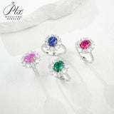 Flower Ring with 1.7-2.5CT Oval Lab Grown Ruby Sapphire Colombian Padparadscha 925 Silver Women Engagement Christmas Party Gift