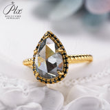 Engagement Ring Salt and Pepper Moissanite Diamond Pear Cut 925 Sterling Silver Plated with 18k Gold Wedding Jewelry Vintage
