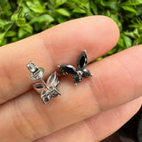 925 Sterling Silver / 10K / 14K / 18K Black-Plated Stud Earrings for Women - Butterfly Design with D-Color Moissanite Ruby Sapphire & Emerald