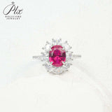 Flower Ring with 1.7-2.5CT Oval Lab Grown Ruby Sapphire Colombian Padparadscha 925 Silver Women Engagement Christmas Party Gift