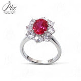 Flower Ring with 1.7-2.5CT Oval Lab Grown Ruby Sapphire Colombian Padparadscha 925 Silver Women Engagement Christmas Party Gift