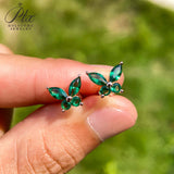 925 Sterling Silver / 10K / 14K / 18K Black-Plated Stud Earrings for Women - Butterfly Design with D-Color Moissanite Ruby Sapphire & Emerald