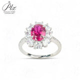Flower Ring with 1.7-2.5CT Oval Lab Grown Ruby Sapphire Colombian Padparadscha 925 Silver Women Engagement Christmas Party Gift