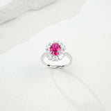 Flower Ring with 1.7-2.5CT Oval Lab Grown Ruby Sapphire Colombian Padparadscha 925 Silver Women Engagement Christmas Party Gift