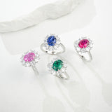 Flower Ring with 1.7-2.5CT Oval Lab Grown Ruby Sapphire Colombian Padparadscha 925 Silver Women Engagement Christmas Party Gift