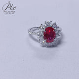 Flower Ring with 1.7-2.5CT Oval Lab Grown Ruby Sapphire Colombian Padparadscha 925 Silver Women Engagement Christmas Party Gift