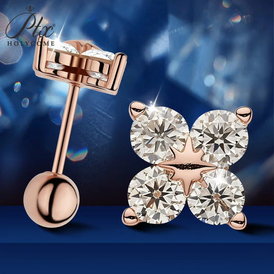 Rose Gold Four Leaf Clover Moissanite Stud Earrings 925 Silver Plated 18k Yellow/White Gold Diamond Earring for Women