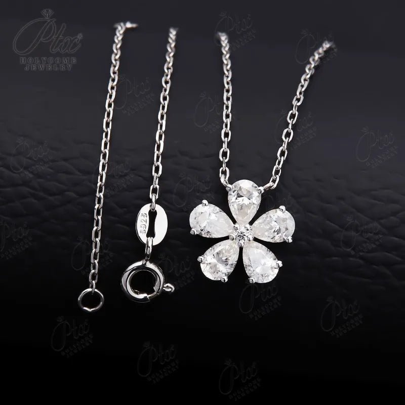 Dainty Moissanite five-leaf Flower Pendant Necklace Niche Light Luxury 925 Sterling Silver Chain Necklace Choker for Women Friend Gift