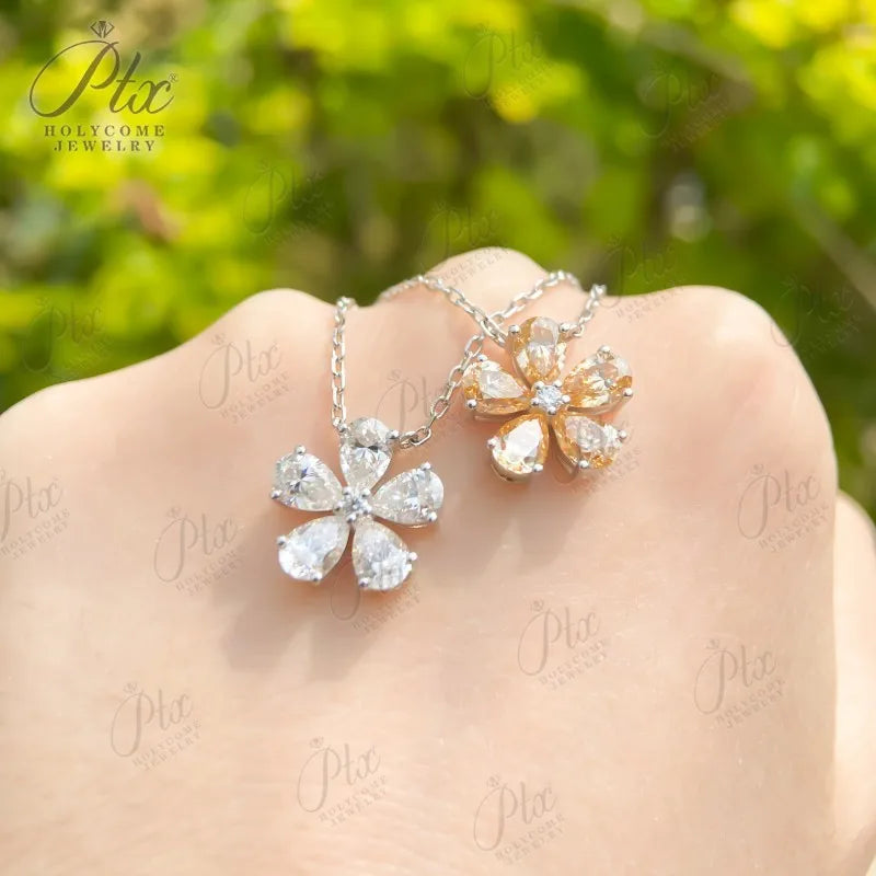 Dainty Moissanite five-leaf Flower Pendant Necklace Niche Light Luxury 925 Sterling Silver Chain Necklace Choker for Women Friend Gift