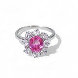 Flower Ring with 1.7-2.5CT Oval Lab Grown Ruby Sapphire Colombian Padparadscha 925 Silver Women Engagement Christmas Party Gift