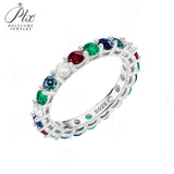 Gemstone & Moissanite  Pave Ring 925 Silver Dainty Colorful Band for Women Anniversary / Birthday Fine Jewelry Gift