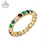 Gemstone & Moissanite  Pave Ring 925 Silver Dainty Colorful Band for Women Anniversary / Birthday Fine Jewelry Gift