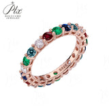 Gemstone & Moissanite  Pave Ring 925 Silver Dainty Colorful Band for Women Anniversary / Birthday Fine Jewelry Gift