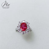 Flower Ring with 1.7-2.5CT Oval Lab Grown Ruby Sapphire Colombian Padparadscha 925 Silver Women Engagement Christmas Party Gift