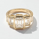 Moissanite Ring with Emerald Cut Crafted in 10K/14K/18K Gold Geometric Layered Band Vintage Wedding Ring Anniversary Gift for