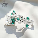 Custom Ring with Oval Moissanite Accented by Green Marquise  Exclusively Designed for Women Suitable as a Commemorative Gift