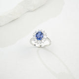 Flower Ring with 1.7-2.5CT Oval Lab Grown Ruby Sapphire Colombian Padparadscha 925 Silver Women Engagement Christmas Party Gift