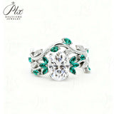 Custom Ring with Oval Moissanite Accented by Green Marquise  Exclusively Designed for Women Suitable as a Commemorative Gift