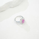 Flower Ring with 1.7-2.5CT Oval Lab Grown Ruby Sapphire Colombian Padparadscha 925 Silver Women Engagement Christmas Party Gift