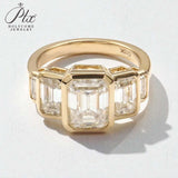 Moissanite Ring with Emerald Cut Crafted in 10K/14K/18K Gold Geometric Layered Band Vintage Wedding Ring Anniversary Gift for