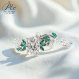 Custom Ring with Oval Moissanite Accented by Green Marquise  Exclusively Designed for Women Suitable as a Commemorative Gift