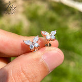 925 Sterling Silver / 10K / 14K / 18K Black-Plated Stud Earrings for Women - Butterfly Design with D-Color Moissanite Ruby Sapphire & Emerald