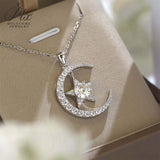925 Sterling Silver Gold-Plated Moon and Star Pendant Necklace Set with D/VVS1 Grade Moissanite Suitable As A Gift