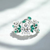 Custom Ring with Oval Moissanite Accented by Green Marquise  Exclusively Designed for Women Suitable as a Commemorative Gift
