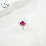 Flower Ring with 1.7-2.5CT Oval Lab Grown Ruby Sapphire Colombian Padparadscha 925 Silver Women Engagement Christmas Party Gift