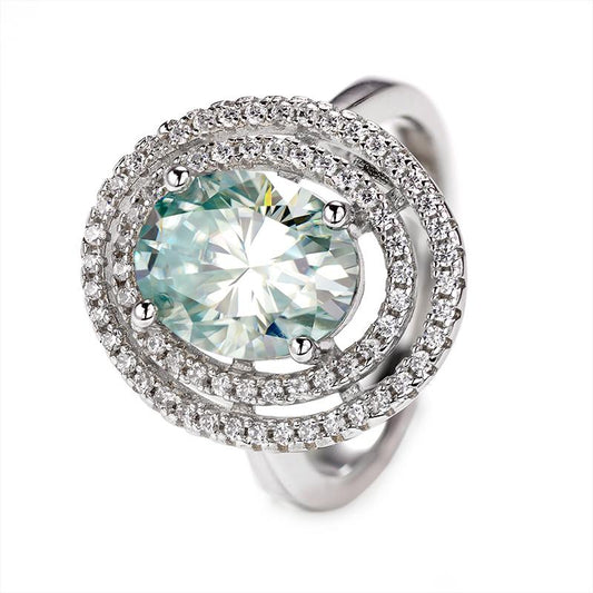 3CT Oval Shape Fancy Vivid Blue Moissanite  Double Halo Hollow Adjustable Ring