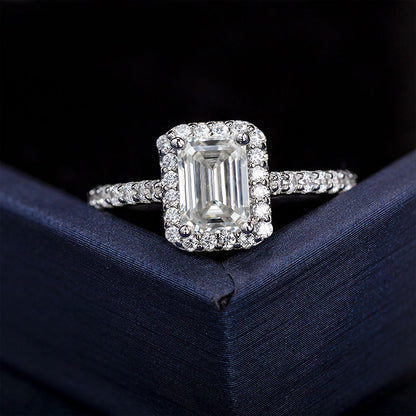 Emerald Cut Half-Eternity Halo Moissanite Ring
