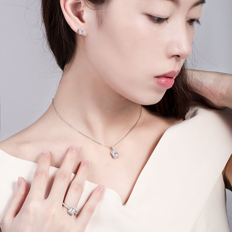 Emerald Cut Halo Moissanite Jewelry Set