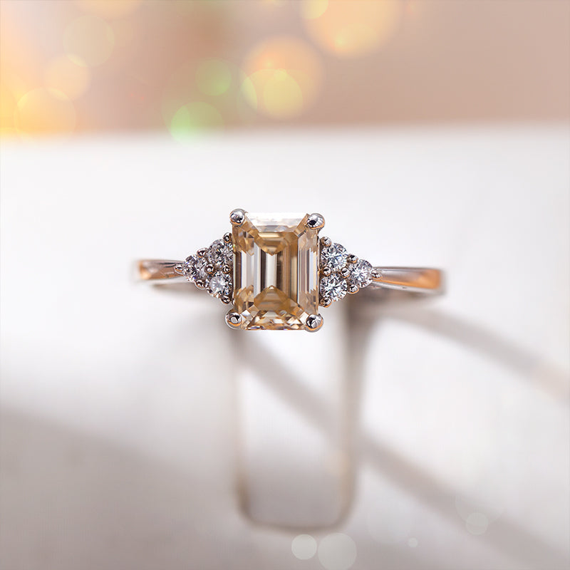Emerald Cut Champagne Moissanite Cluster Ring
