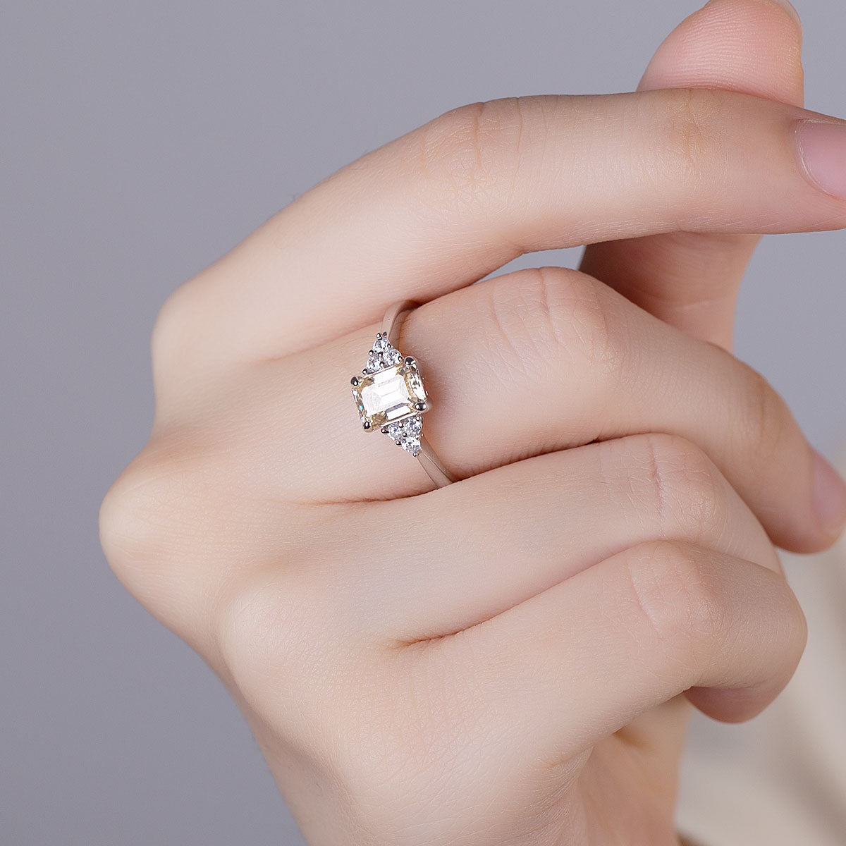 Emerald Cut Champagne Moissanite Cluster Ring