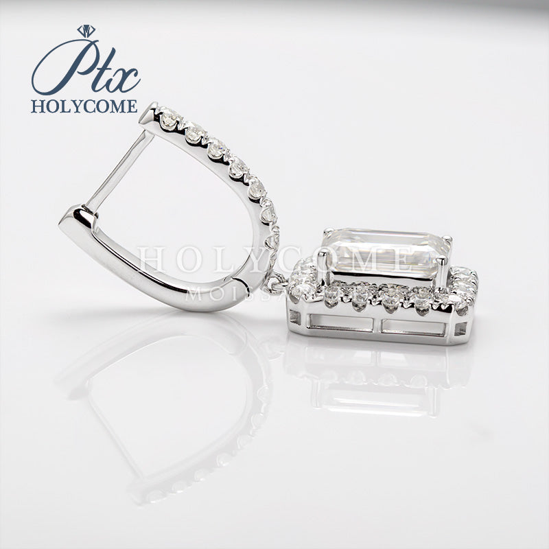 Emerald Cut Fancy Halo Dangler Hinged Moissanite Earrings